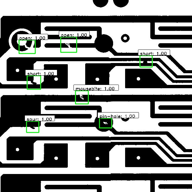 DeepPCB defect detection result with bounding boxes
